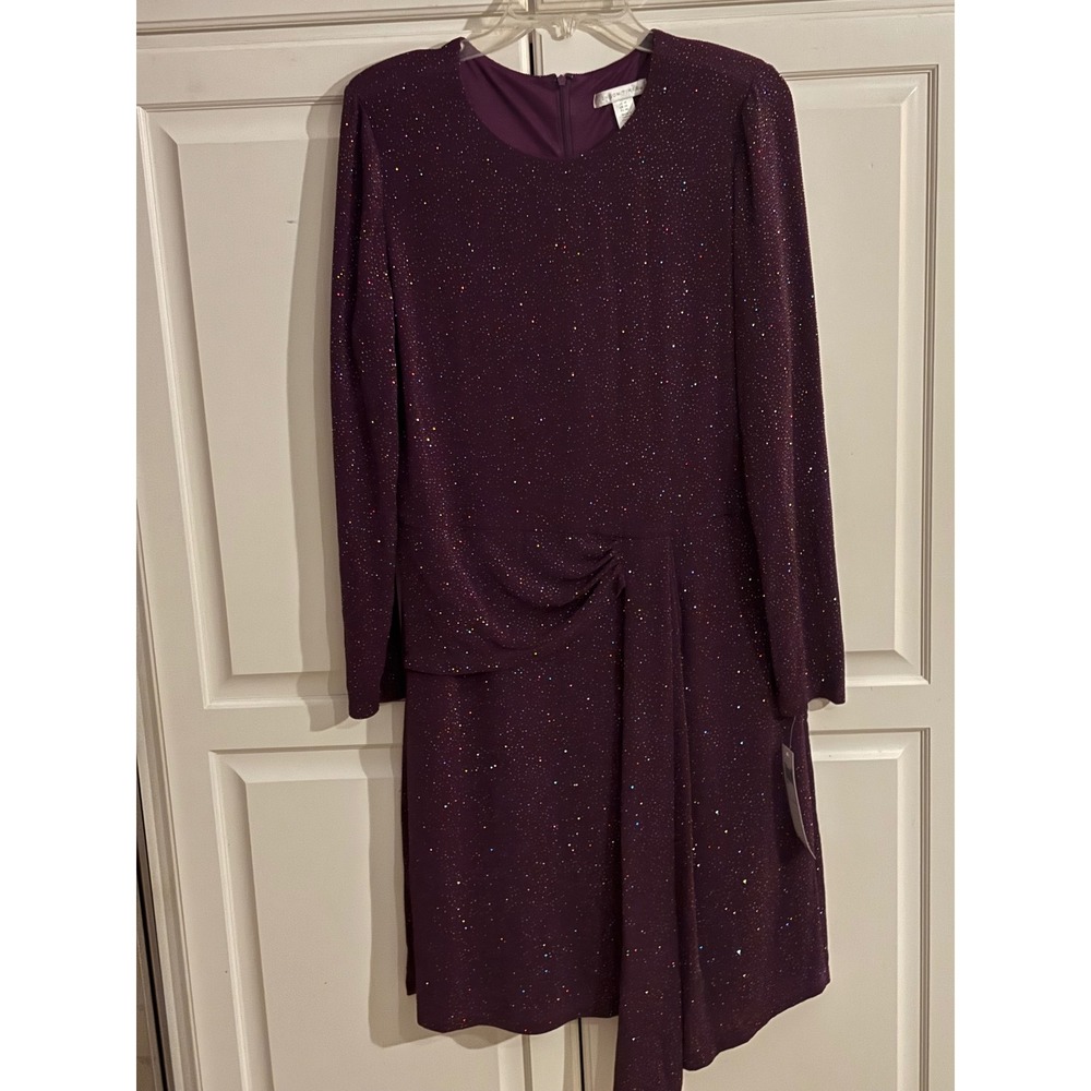 London Times Womens Plum Purple Metallic Shimmer Side Drape Cocktail Dress 16